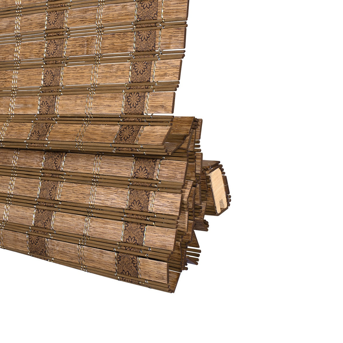 Sulugood Warm Natural Cordless Blackout Light Filtering Bamboo Roman Shades rolled up showcasing natural craftsmanship.