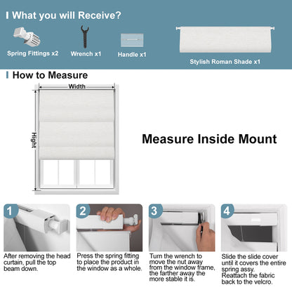 Sulugood No Drill Cordless Roman Shades Easy Installation for Windows measuring guide and included components