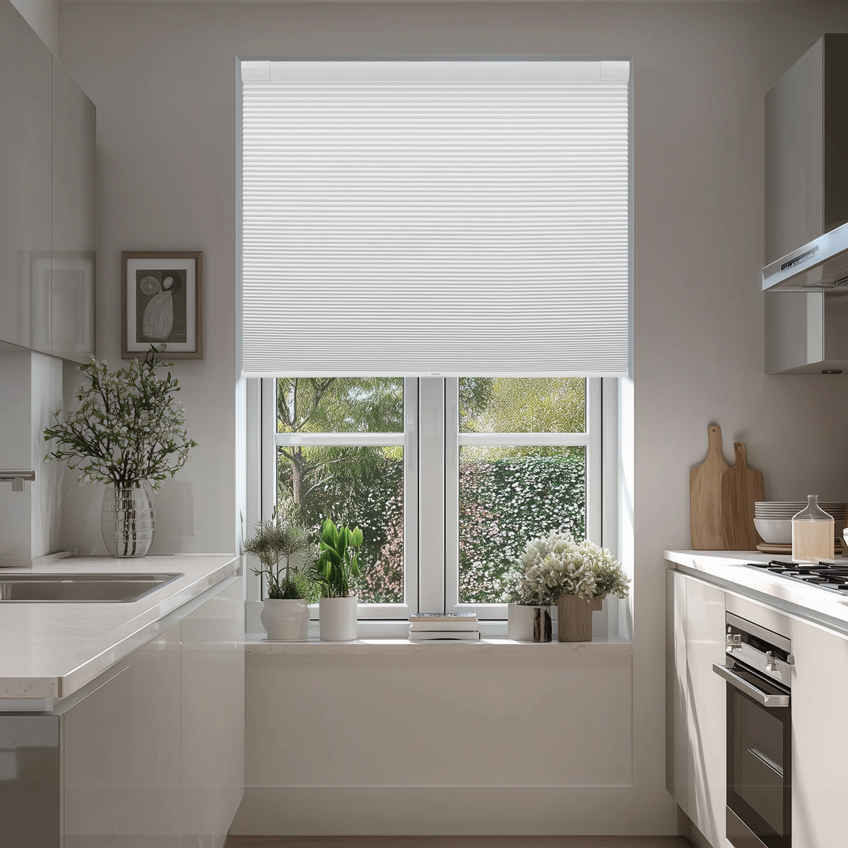 Sulugood No Dril Same Color With Casing Cellular Shades installed in a modern kitchen window.