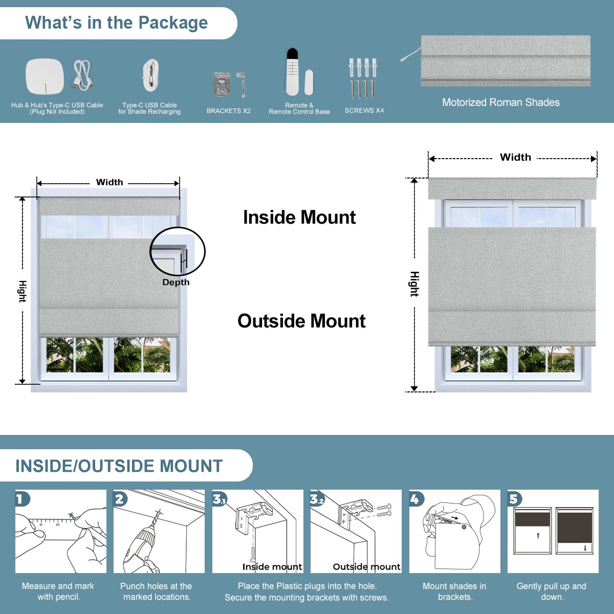 Sulugood Cordless Smart Motorized Top Down Bottom up Blackout Roman Blinds with Remote installation guide and dimensions.