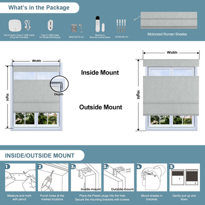 Sulugood Cordless Smart Motorized Top Down Bottom up Blackout Roman Blinds with Remote installation guide and dimensions.