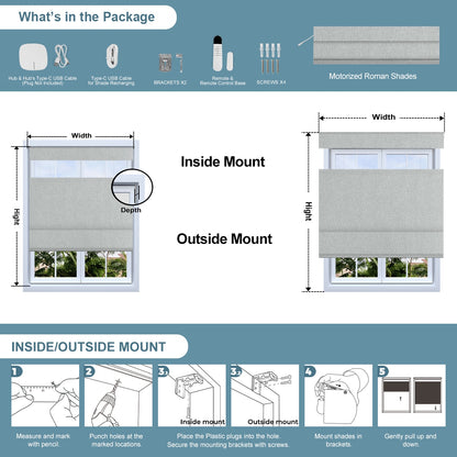 Sulugood Cordless Smart Motorized Top Down Bottom up Blackout Roman Blinds with Remote installation guide and dimensions.
