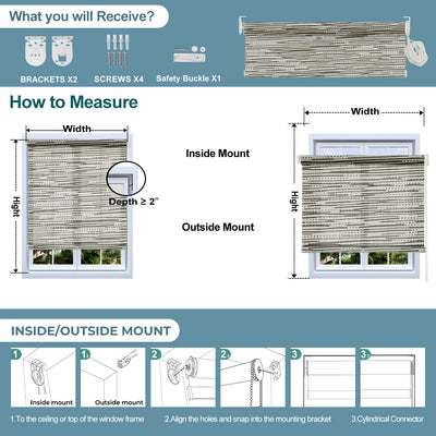 Sulugood Easy Installation With Bead Rope Light Filtering Jacquard Roller Shades installation guide and measurement instructions.