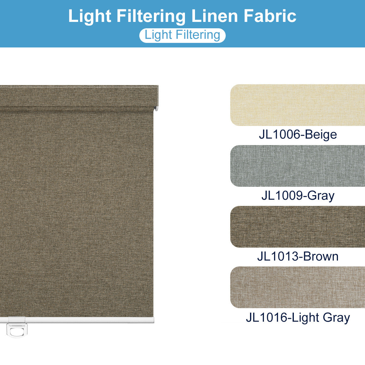 Light filtering linen fabric roller blind in brown with color swatches beige, gray, brown, and light gray