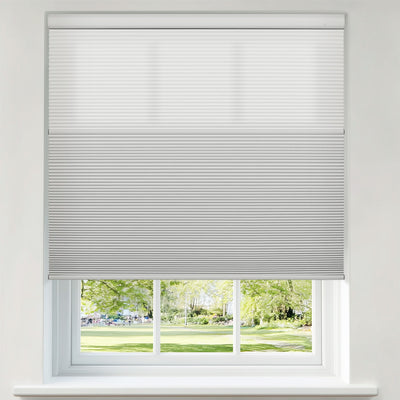 Sulugood No Drill Motorized Day Night Cellular Blinds Remote & App Control installed in a window with a view.