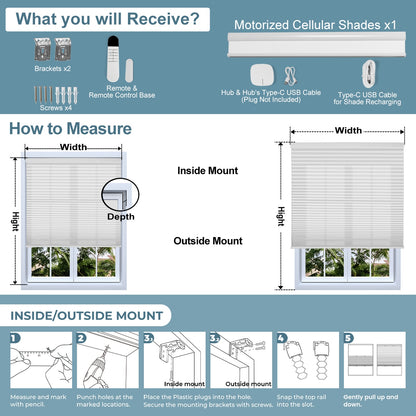 Sulugood Cordless Smart Motorized Blackout & Light Filtering Cellular Shades installation guide with measuring instructions.