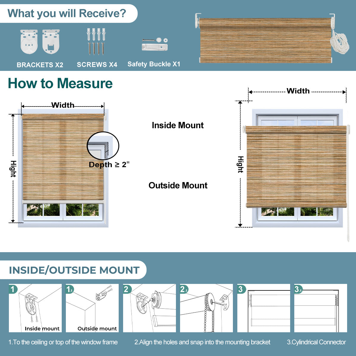 Sulugood Wood-grain Imitation Fabric Easy to Install Light Filtering Roller Blinds