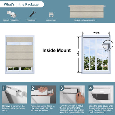 Sulugood Cordless No Drill Top Down Bottom up Roman Shades installation guide and package contents overview.