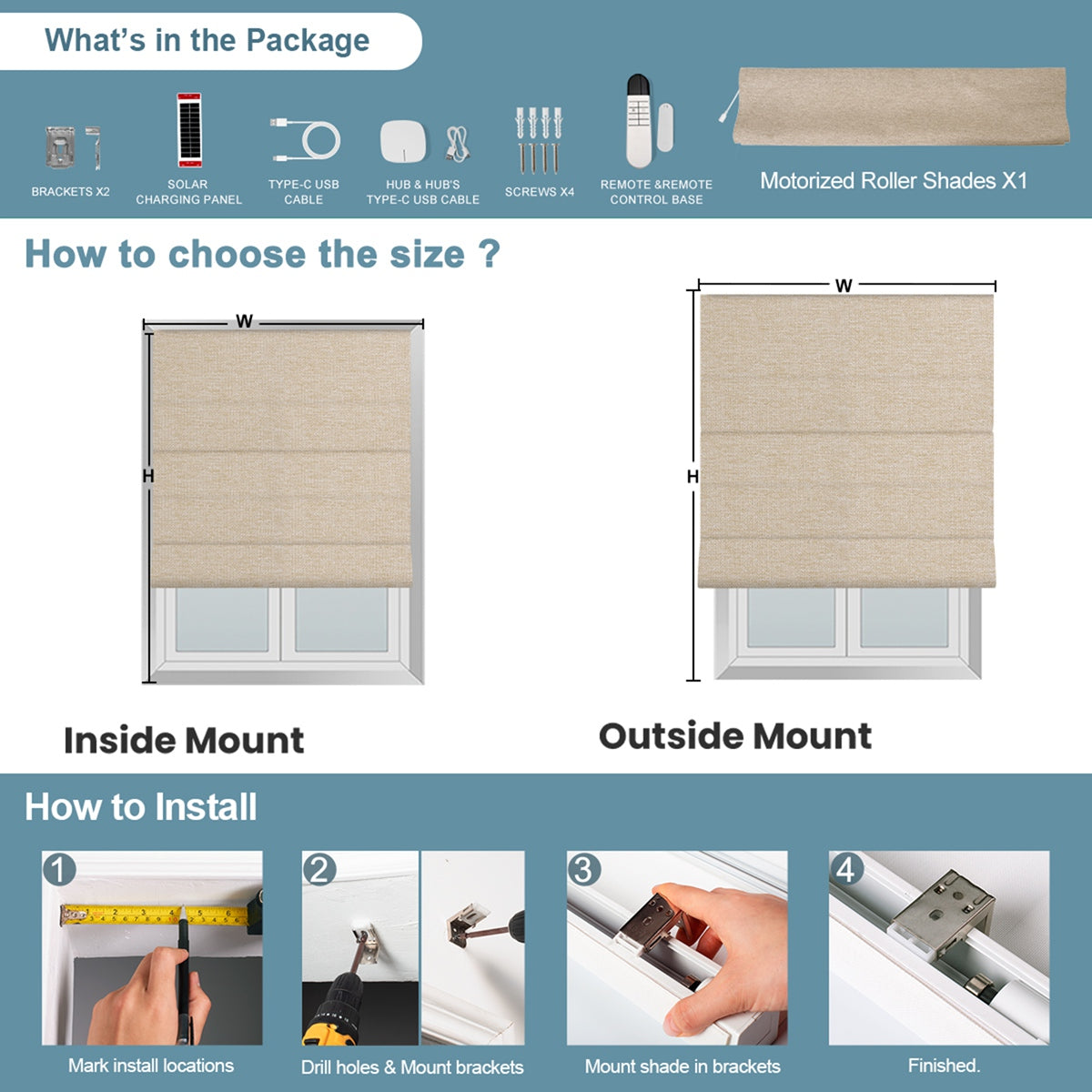 What's included and installation guide for Sulugood Smart Motorized Blackout Light Filterling Roman Shades.