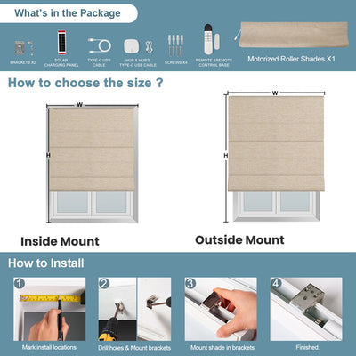 What's included and installation guide for Sulugood Smart Motorized Blackout Light Filterling Roman Shades.