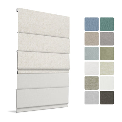 Sulugood Cordless Day and Night Elegant Light Control for Modern Homes Roman Shades fabric swatches and designs.