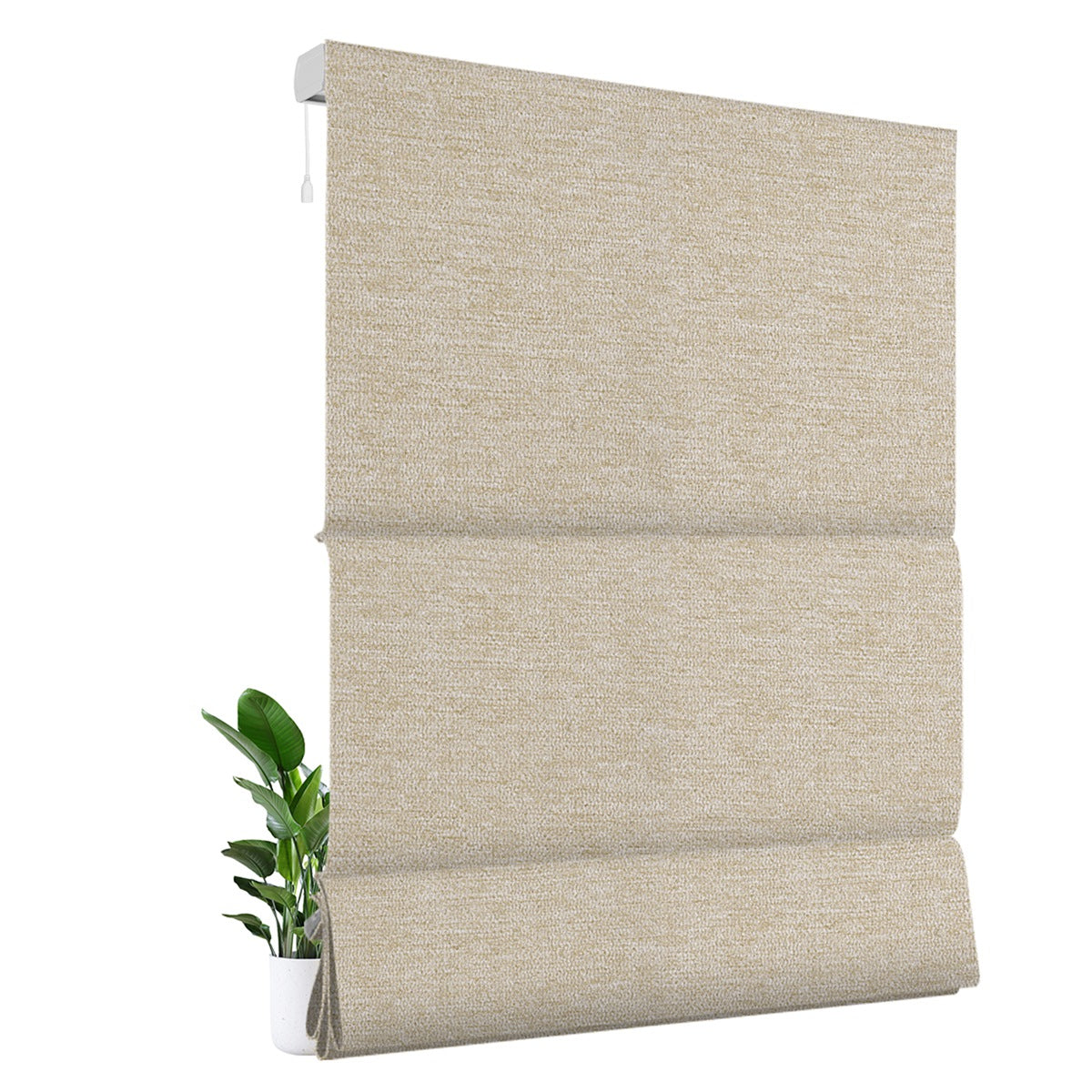 Sulugood Smart Motorized Blackout Light Filterling Roman Shades in beige with a decorative plant.