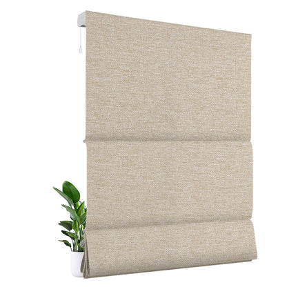 Sulugood Smart Motorized Blackout Light Filterling Roman Shades in beige with a decorative plant.