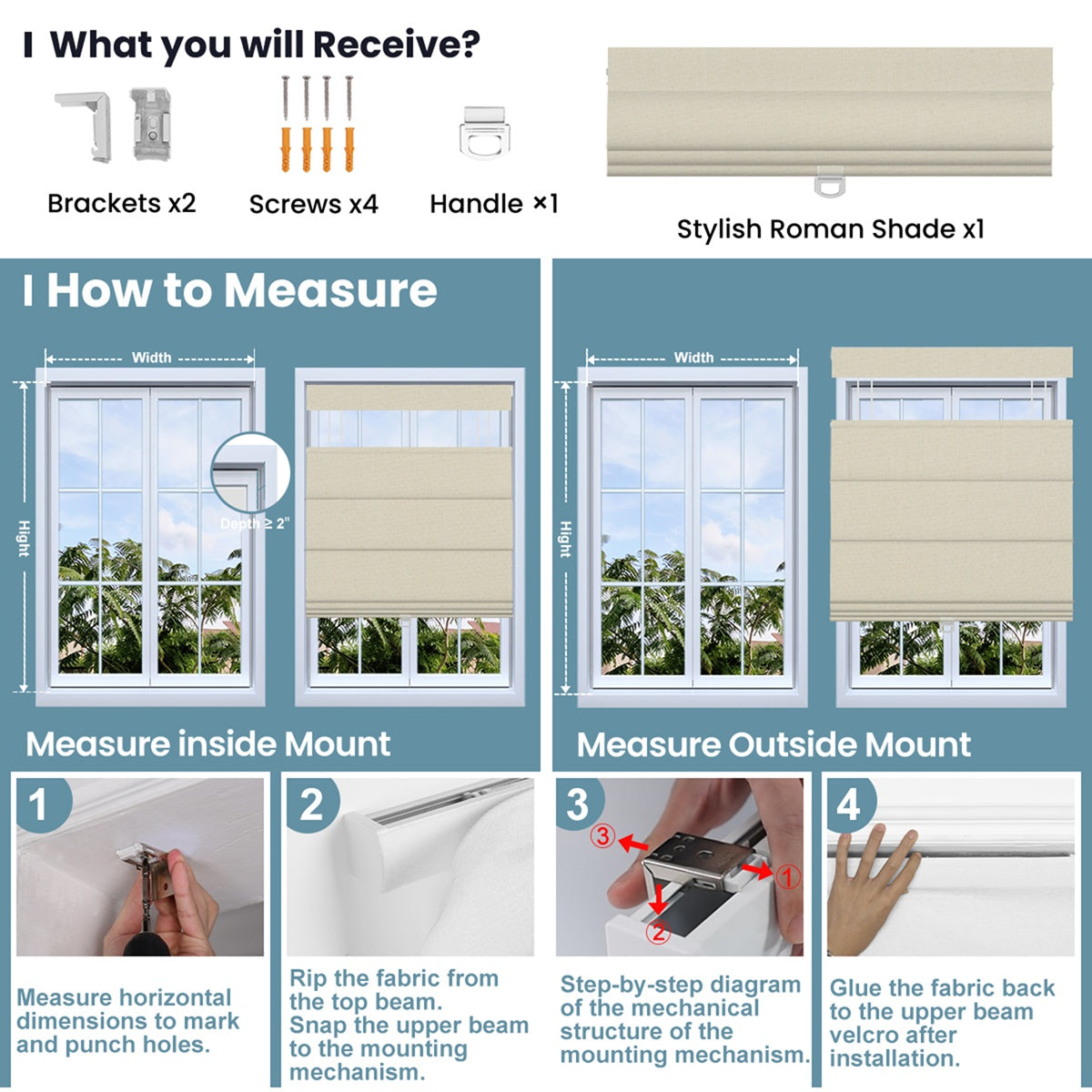 Sulugood Cordless Top-Down Bottom-Up Linen  Roman Shades