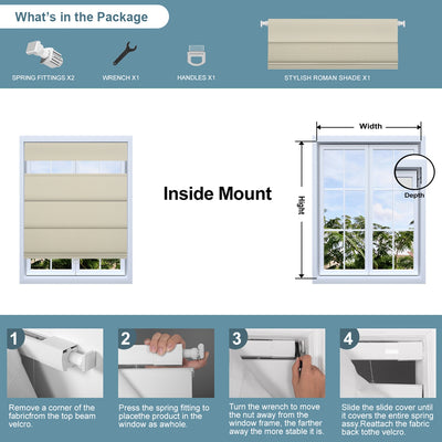 Sulugood No Drill Double Sided Linen Blackout Top Down and Bottom Up Roman Shades installation guide and package contents.
