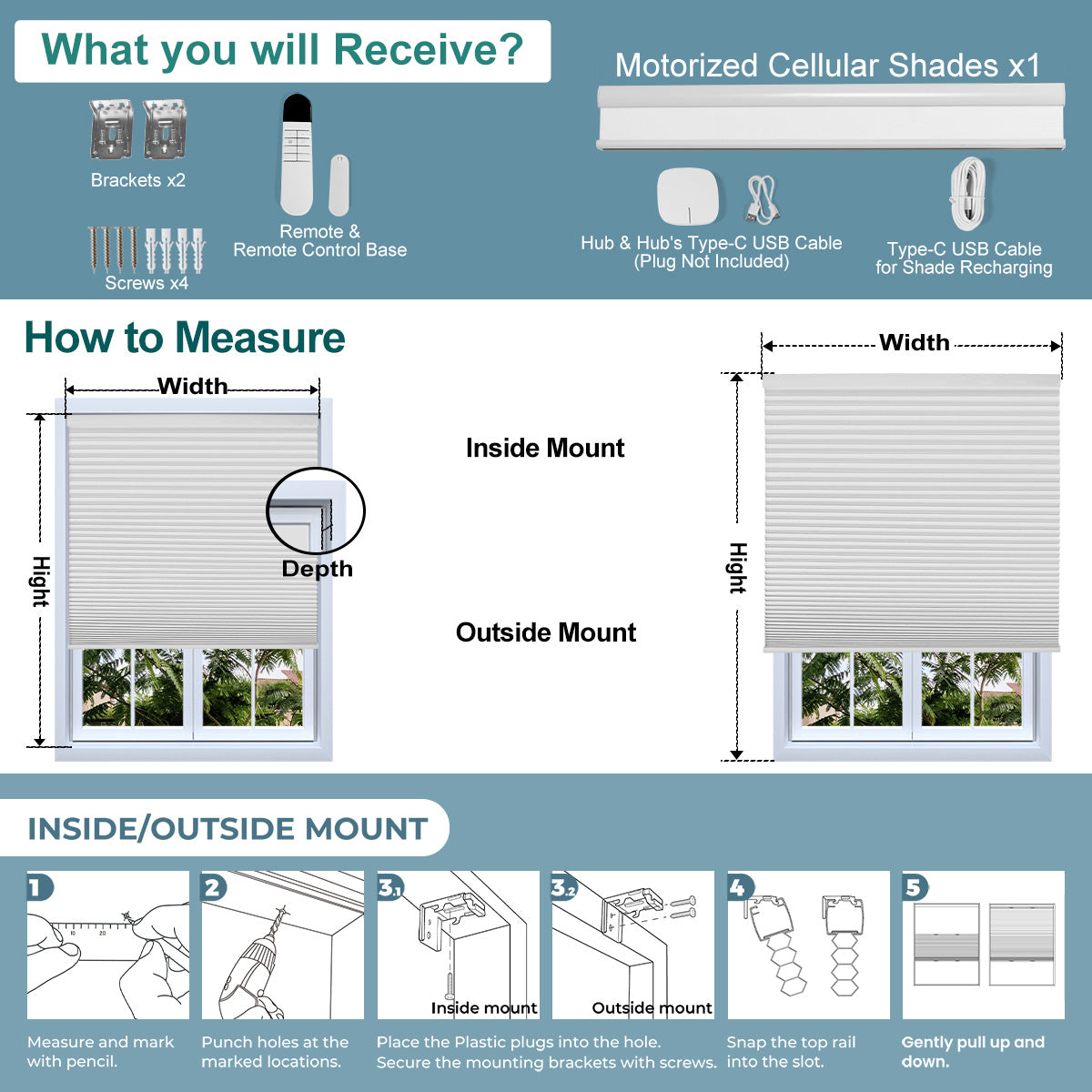 Sulugood Motorized Cordless Custom Size Blackout Light Filtering Cellular Shades