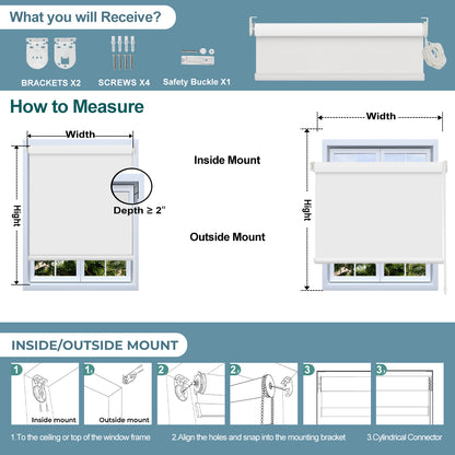 Sulugood Light Filtering and Shading Double-layer Day Night Roller Shades measurement instructions with installation components.