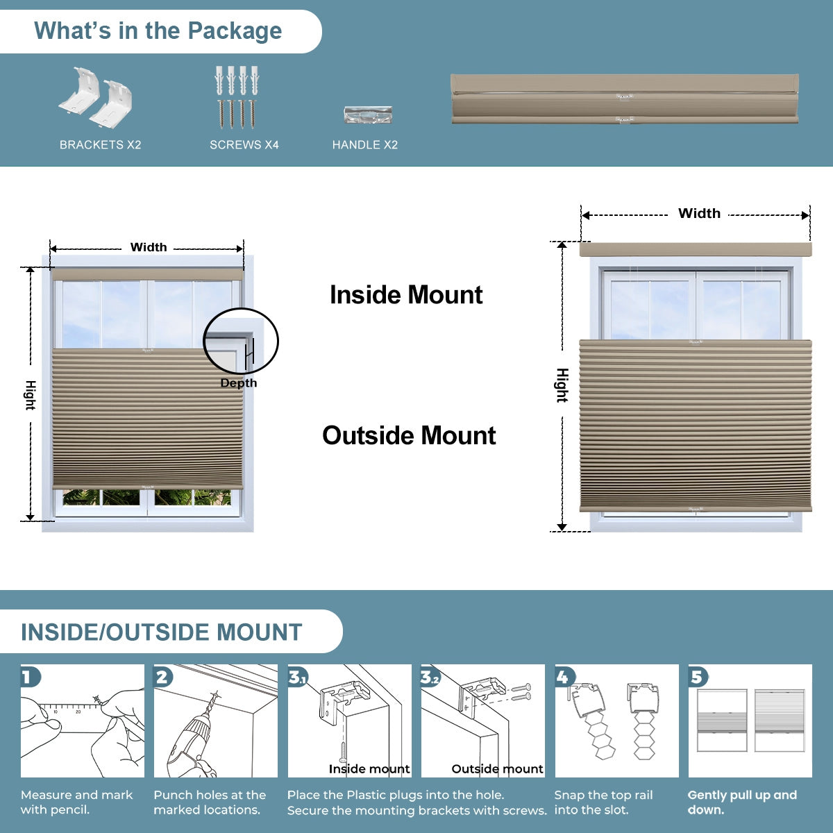 What's in the Package for Sulugood Top-Down Bottom-Up Same Color With Casing Cellular Shade installation.