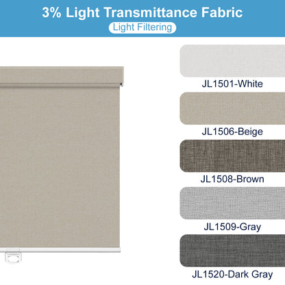 Light filtering roller blind fabric with 3% light transmittance in beige, white, brown, gray, and dark gray colors