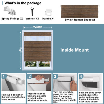 Sulugood Natural Linen Texture Cordless No Drill Top-Down Bottom-Up Roman Shades installation guide and package contents.