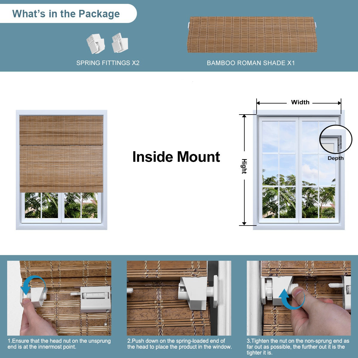 Sulugood  No Drill Cordless Premium Natural Texture Bamboo Roman Shades