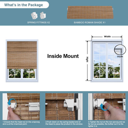 Sulugood  No Drill Cordless Premium Natural Texture Bamboo Roman Shades