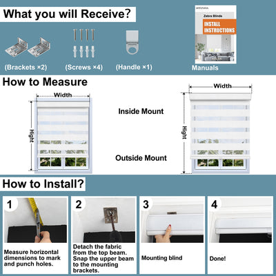 Sulugood Custom Cordless Light-Filtering Zebra Shades with Cover & Handhold installation guide and measurement instructions.