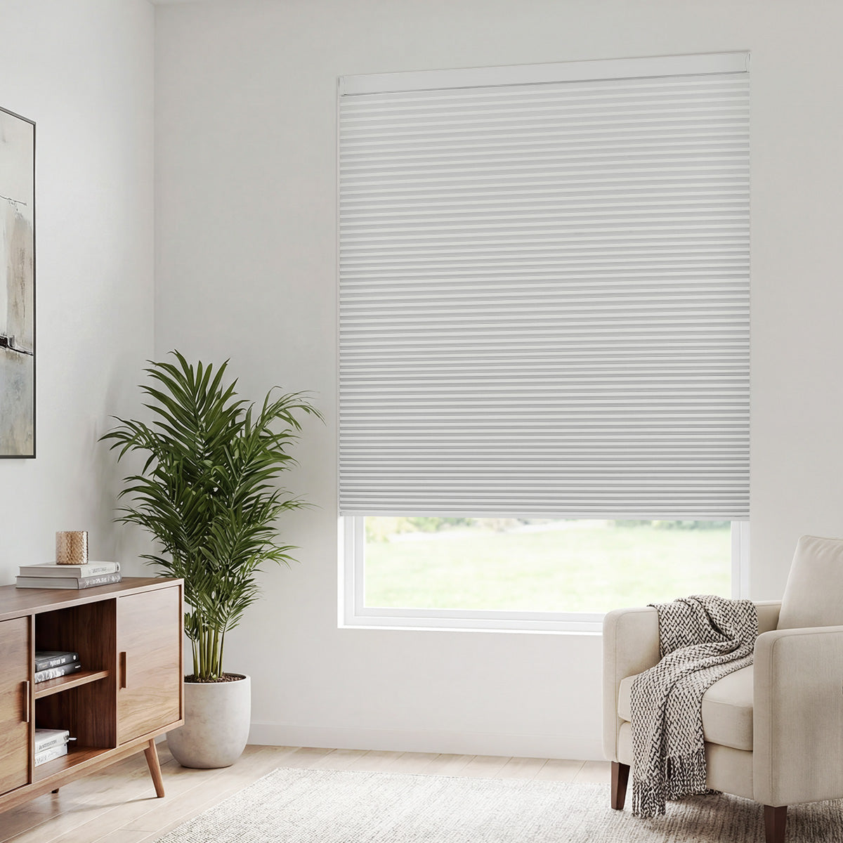 Sulugood Modern Cordless Custom Size Blackout Light Filtering Cellular Blinds in a bright living room setting.