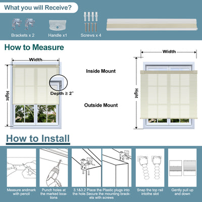 Sulugood No Drill Light Filtering Blackout Cellular Shade installation and measurement instructions diagram