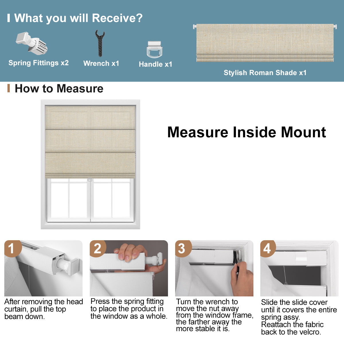 Instructions for installing Sulugood No Dril Cordless Blackout Light Filtering Roman Shades with measuring guide.