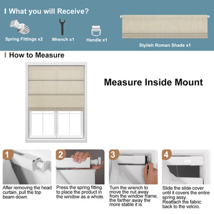 Instructions for installing Sulugood No Dril Cordless Blackout Light Filtering Roman Shades with measuring guide.