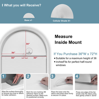 Sulugood New No Drill Arch Half Circle Cordless Cellular Shades measuring guide with installation instructions and product components.