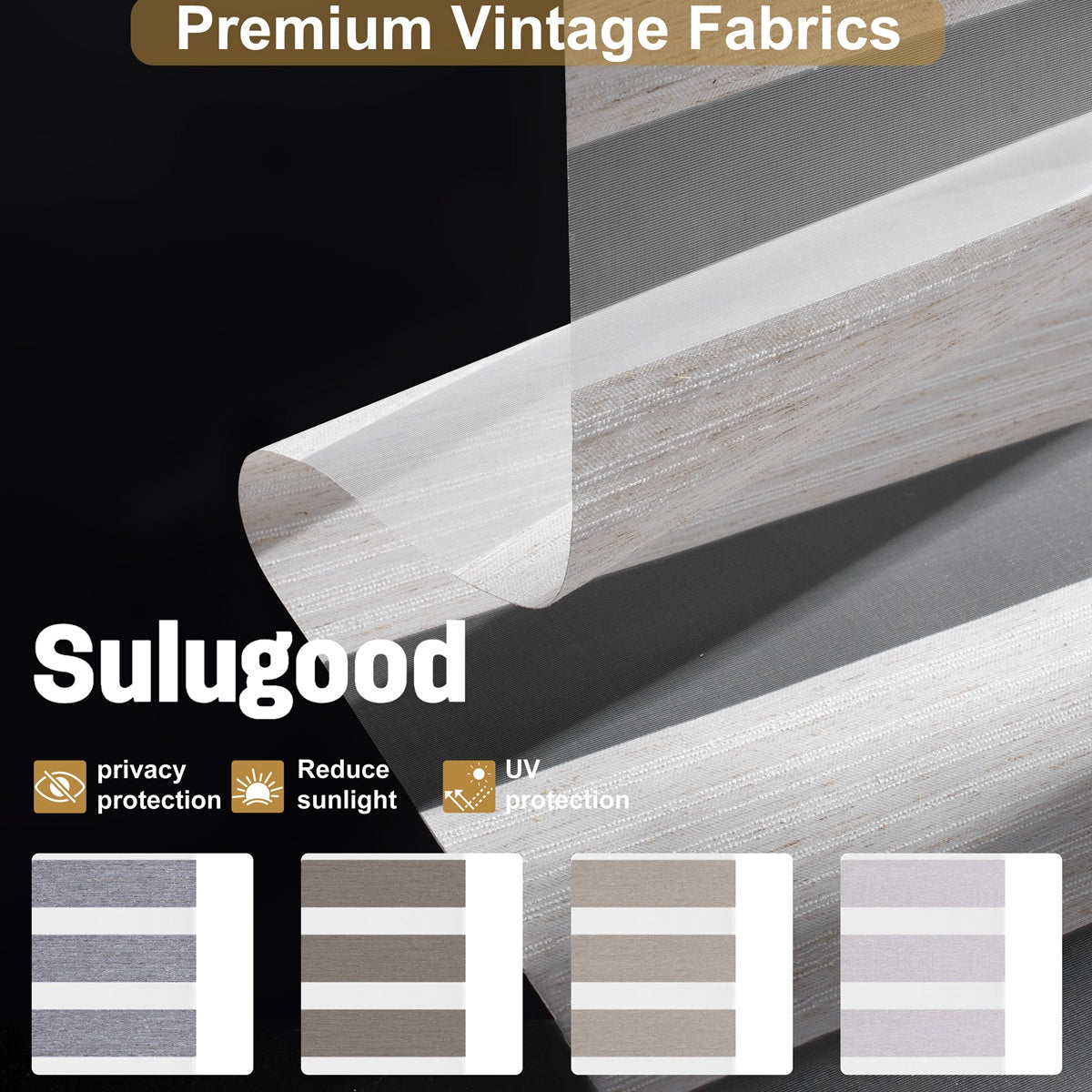 Sulugood Custom Cordless Light-Filtering Zebra Shades with Cover & Handhold showcasing premium vintage fabrics.