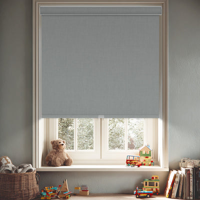 Sulugood Paceful Cross-patterned Double-Sided Same Colored Blackout Linen Roller Shades in a cozy room setting.