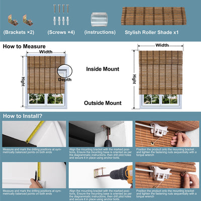 How to measure and install Sulugood Warm Natural Cordless Blackout Light Filtering Bamboo Roman Shades for optimal fit.