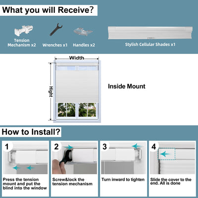 Sulugood No Drill Cordless Top-Down Bottom-Up Easy Install Cellular Shades installation guide and components.
