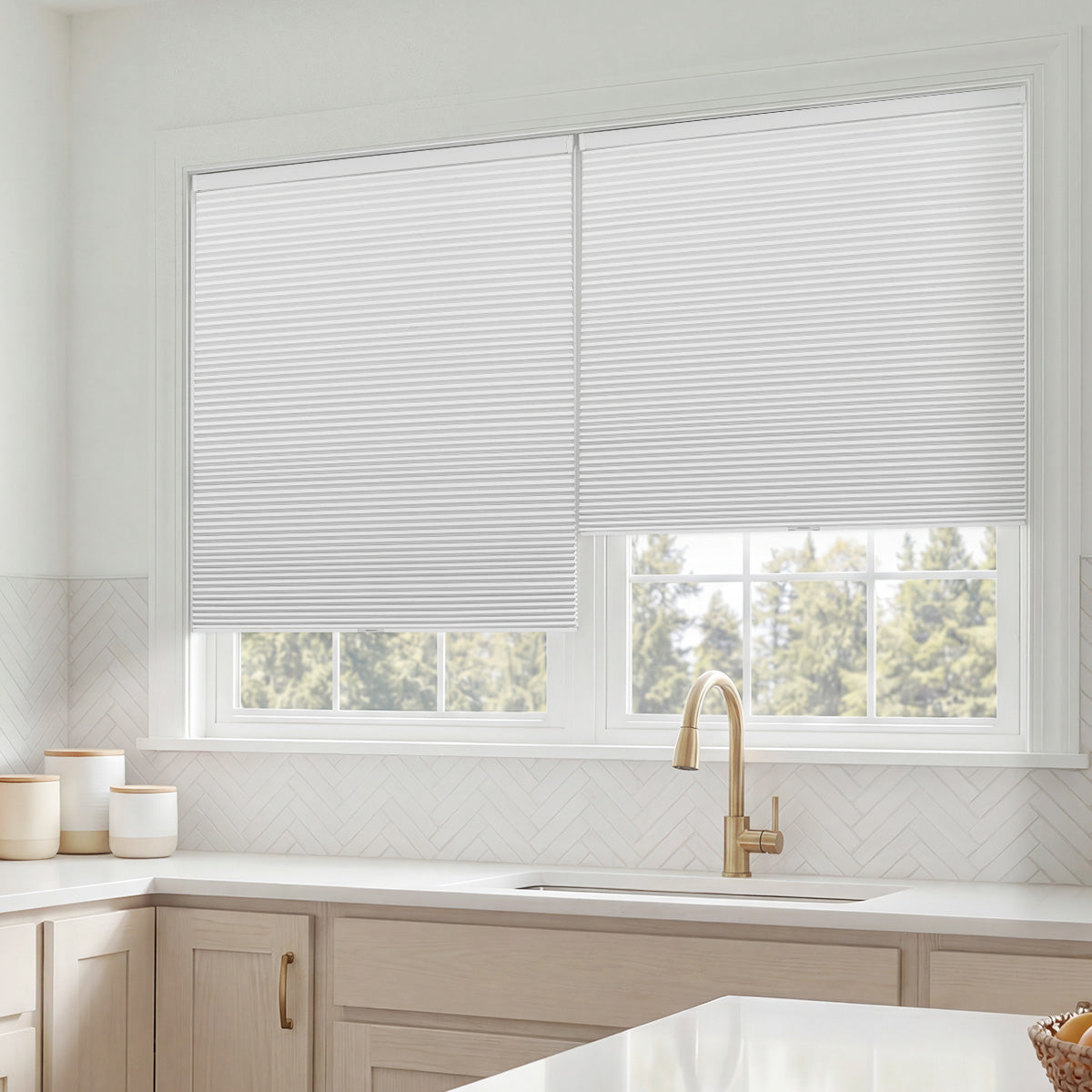 Sulugood Modern Cordless Custom Size Blackout Light Filtering Cellular Blinds in a bright kitchen setting.
