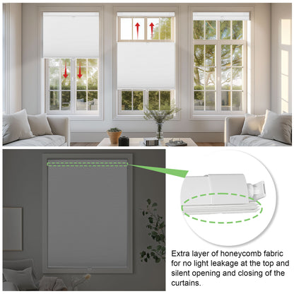 White honeycomb cellular shades on living room windows with extra top fabric layer for light blocking