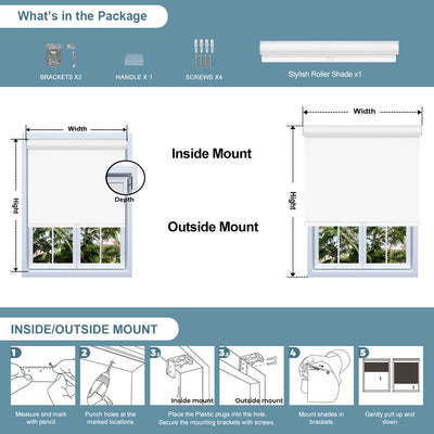 Sulugood Classic Jacquard Cordless Roller Shades installation guide with package contents.