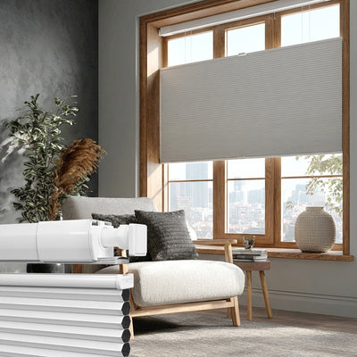 Sulugood No Drill Cordless Top-Down Bottom-Up Easy Install Cellular Shades displayed in a modern living room with natural light.