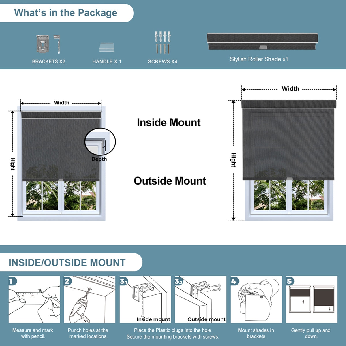Sulugood Clearer Outdoor View Sunweave Fabric Roller Shades installation guide with inside and outside mount options.
