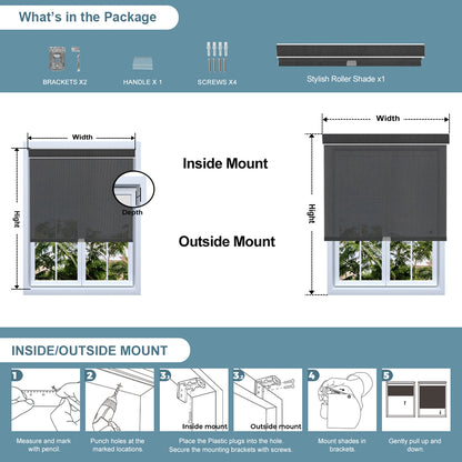 Sulugood Clearer Outdoor View Sunweave Fabric Roller Shades installation guide with inside and outside mount options.