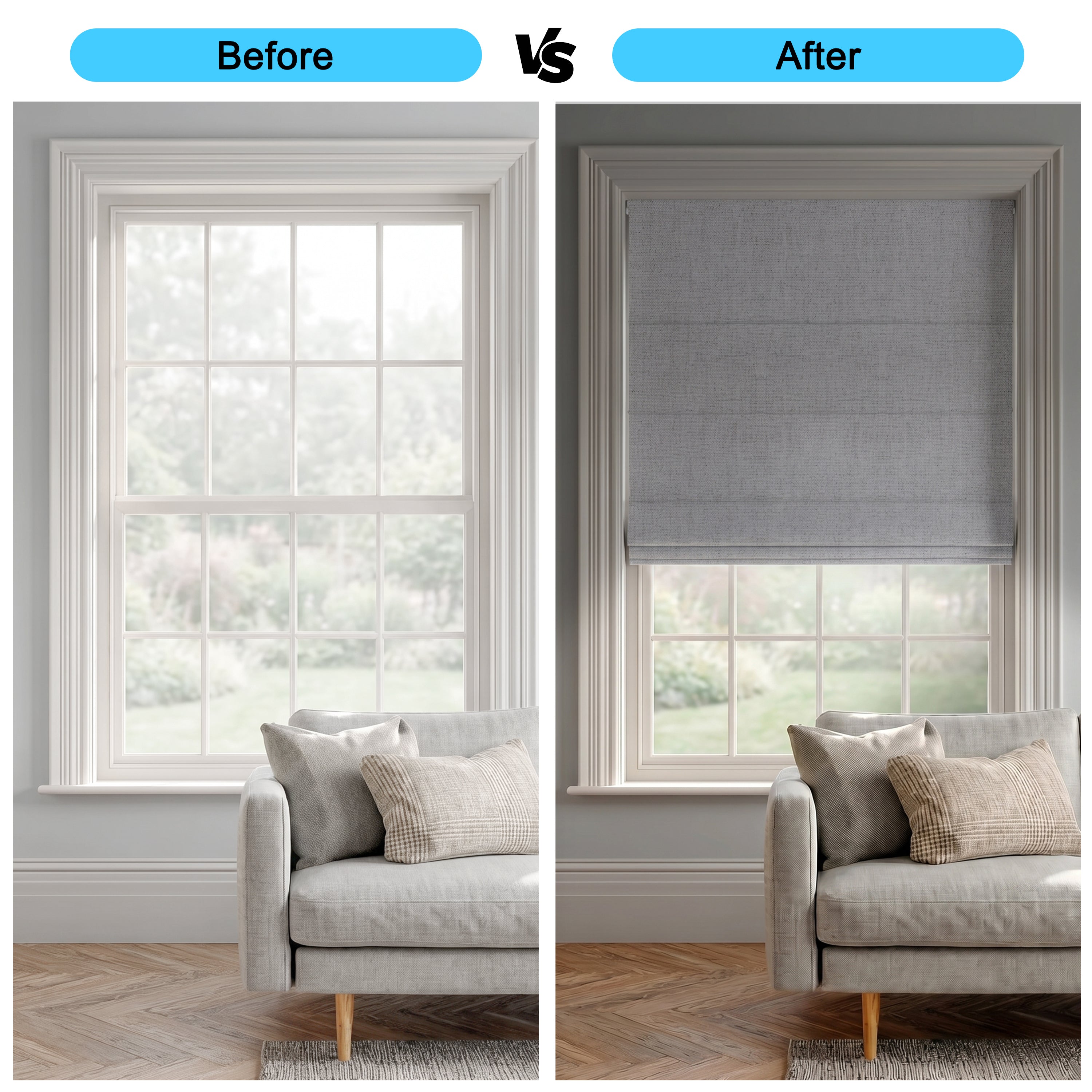 Sulugood No Drill Cordless Textured Charcoal Linen Blackout Roman Shades