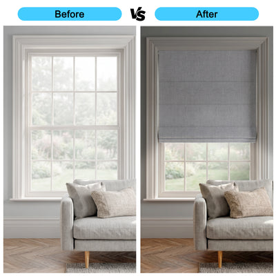 Sulugood No Drill Cordless Textured Charcoal Linen Blackout Roman Shades