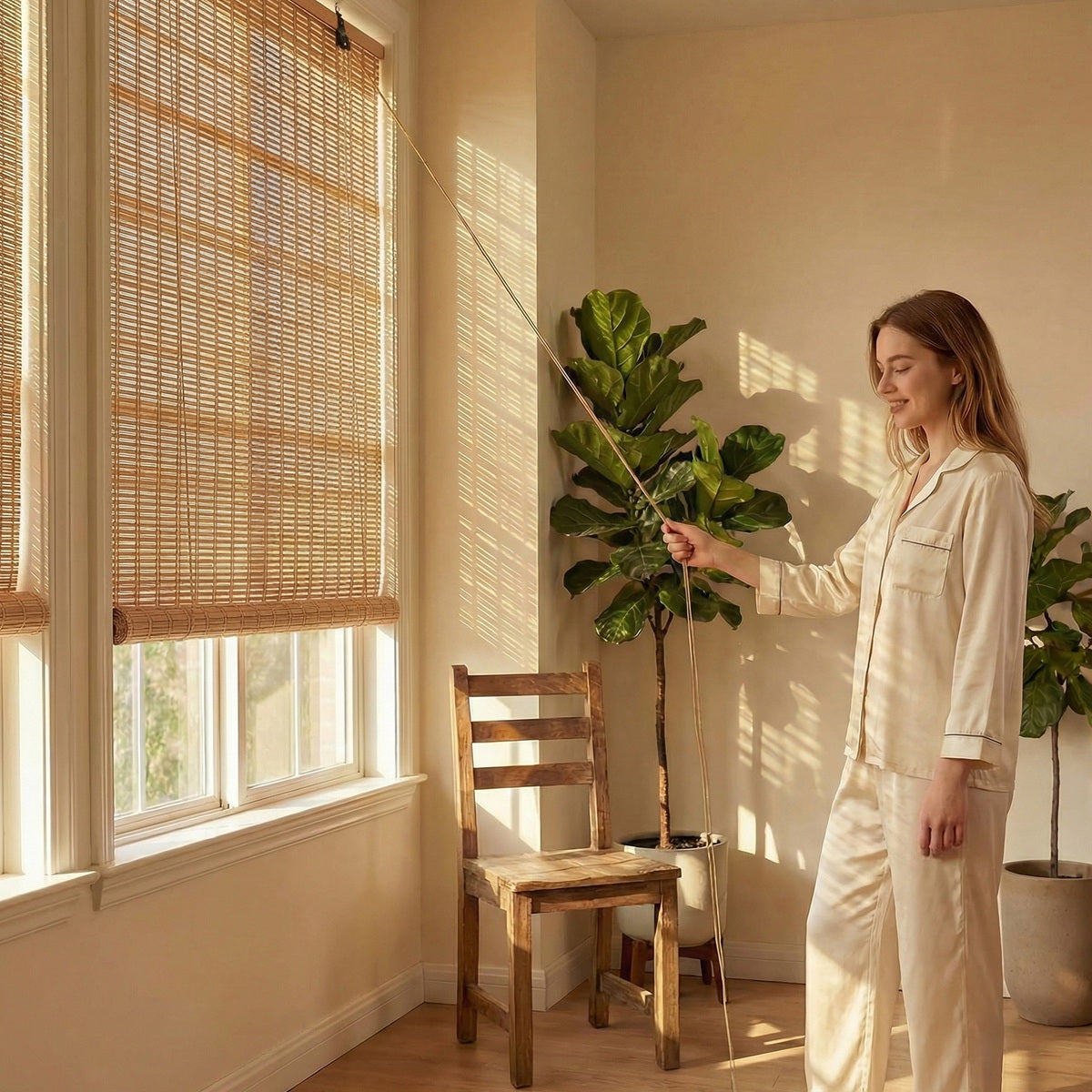 Woman operating Sulugood Weather Resistant Light Filtering Cord Operated Outdoor Bamboo Shades in a sunlit room.