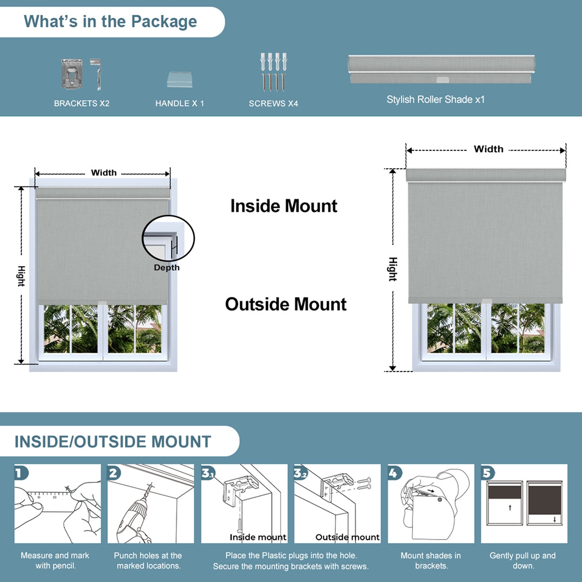 Sulugood Paceful Cross-patterned Double-Sided Same Colored Blackout Linen Roller Shades package contents and mounting instructions.