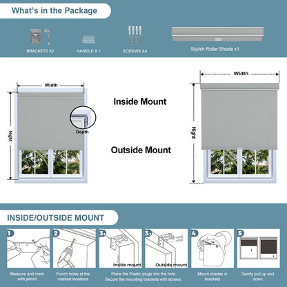 Sulugood Paceful Cross-patterned Double-Sided Same Colored Blackout Linen Roller Shades package contents and mounting instructions.