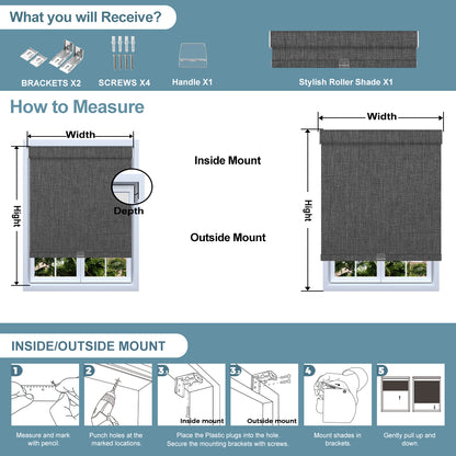 Sulugood Cordless Smart Custom Fabric-Wrapped Electric Roller Shades installation guide, measuring instructions, mounting options.