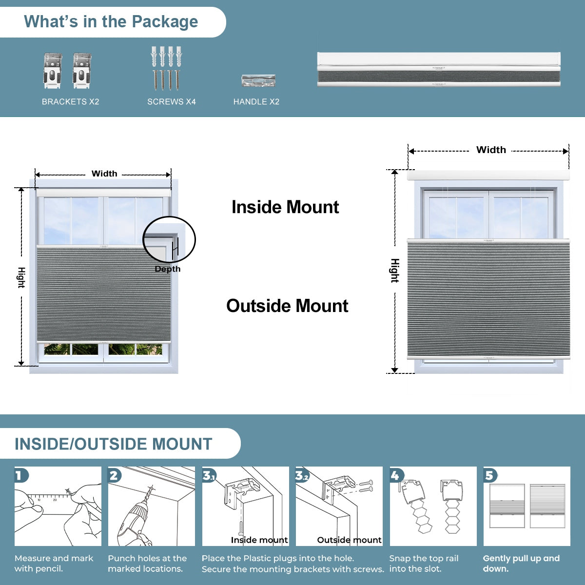 Sulugood Standard Cordless Top Down Bottom Up Jacquard Cellular Shade installation guide and package contents illustration.
