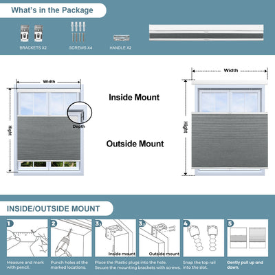Sulugood Standard Cordless Top Down Bottom Up Jacquard Cellular Shade installation guide and package contents illustration.